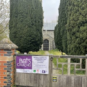 A wooden gateway leading through yew trees to a church porch. The gates display the Bats In Churches banner.