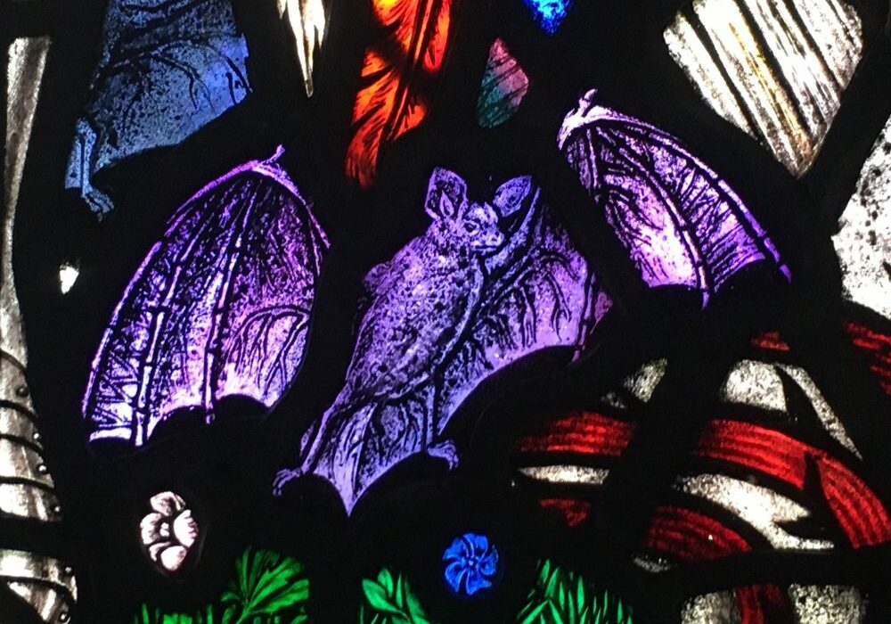 West Grinstead church ChrisDamant_StainedGlassBat_2 Detial of stained glass window with a bat