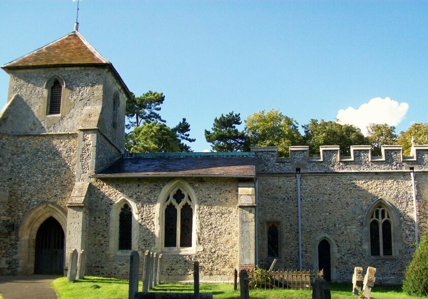 Clothall_-_St_Mary_the_Virgin Stone church with battlements and low bell tower