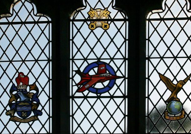 St Peter, Little Rissington, Glos., Red Arrows stained glass window - Mike Baldwin Church stained glass window with Red Arrow plane and regimental arms