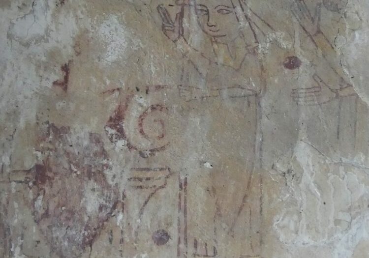 ChurchImages-Cambs Old Weston Wall Painting 2 A medieval wall painting showing the red outline of a bishop wearing a yellow mitre