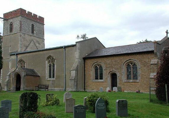 St Mary, Rushden, south entrance John Salmon Stone medieval church with bell tower and 19th century brick chancel