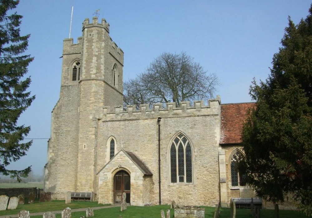 St Nicholas, Newton Blossomville - Dave Kelly licensed for reuse Pretty stone church with unusual octagonal stair turret on south side