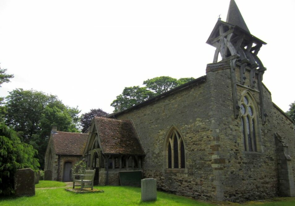 St_Marys_Church_Salford_(geograph_3014721) The exterior of a small church with an intricate bell tower made of wood