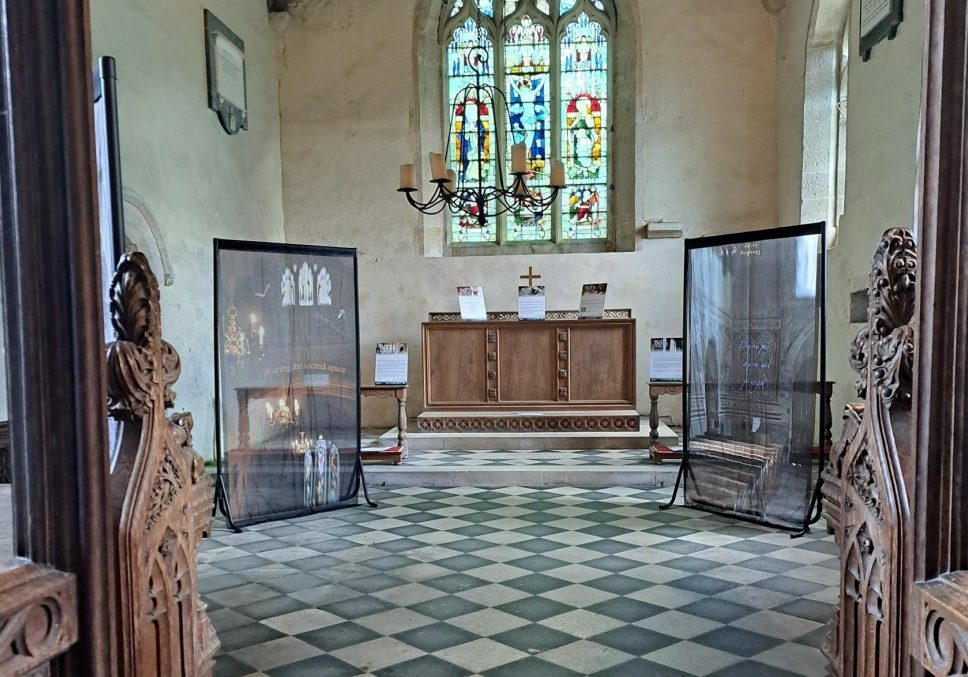 Two panels from the On A Wing And A Prayer art installation on display inside the chancel of Wintringham church