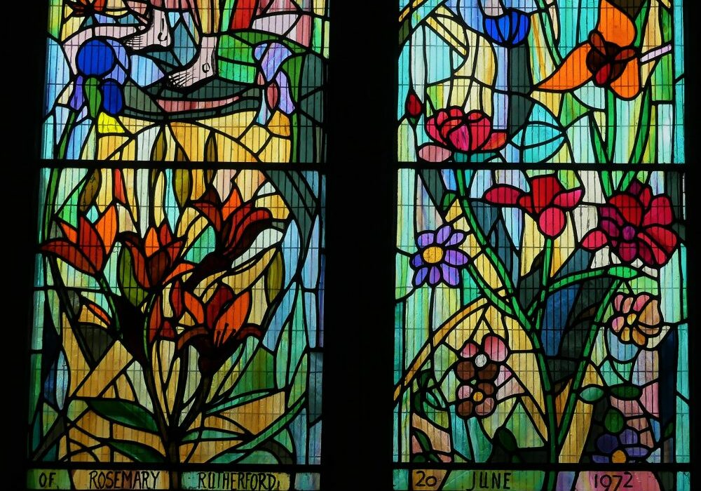 ChurchImages Suffolk Walsham Rutherford Window Stained glass dated 1972 showing graphic, abstract flowers and plants