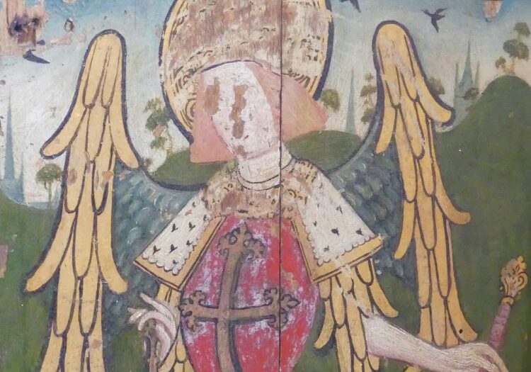 ChurchImages Norfolk Wellingham Rood Michael Detail from a painted screen showing a winged angel with a sword, the angel's face has been scratched out