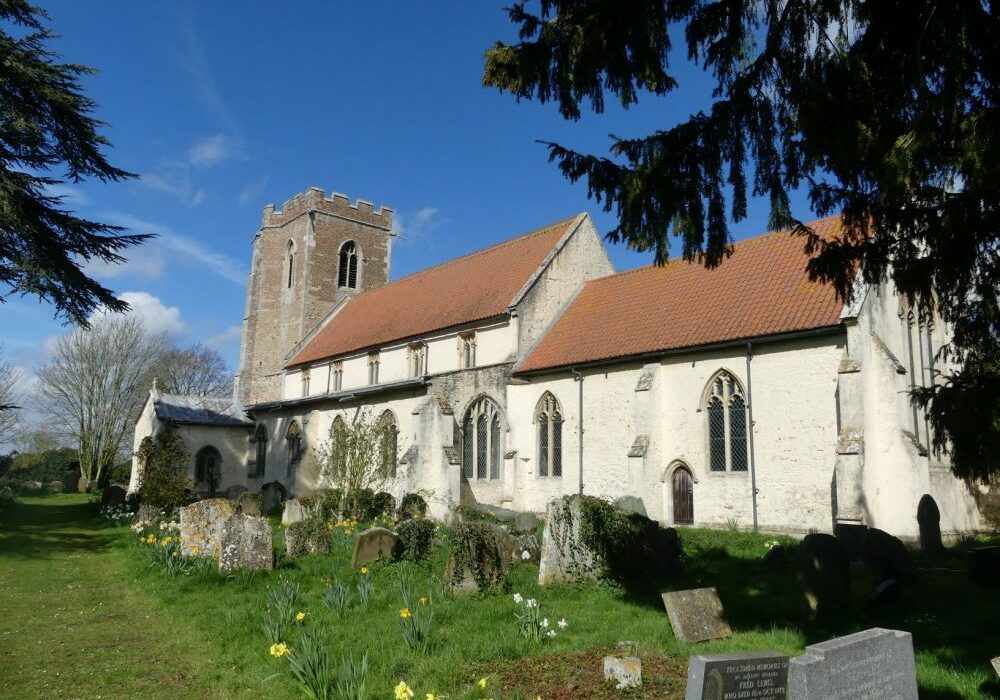 ChurchImages-Norfolk-Wiggenhall-Ext Small The exterior of a church with white walls, red tiled roof and a red stone tower