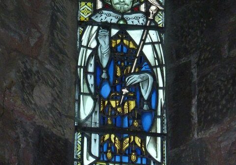 St Michael, Compton Martin stained glass window-BasherEyre Stained glass image of a man with crown, halo, blue robe and cloak holding a spectre in his left hand