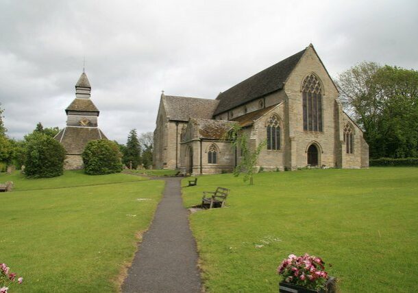 St Mary, Pembridge, Herefordshire with octagonal belfry Large church surrounded by grass and with a separate octagonal belfy next to it